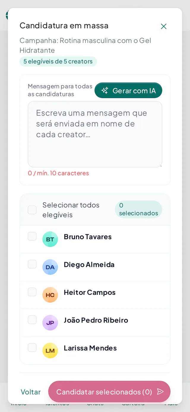 Candidatura em massa de uma agência de talentos com criadores selecionados e mensagem para todos