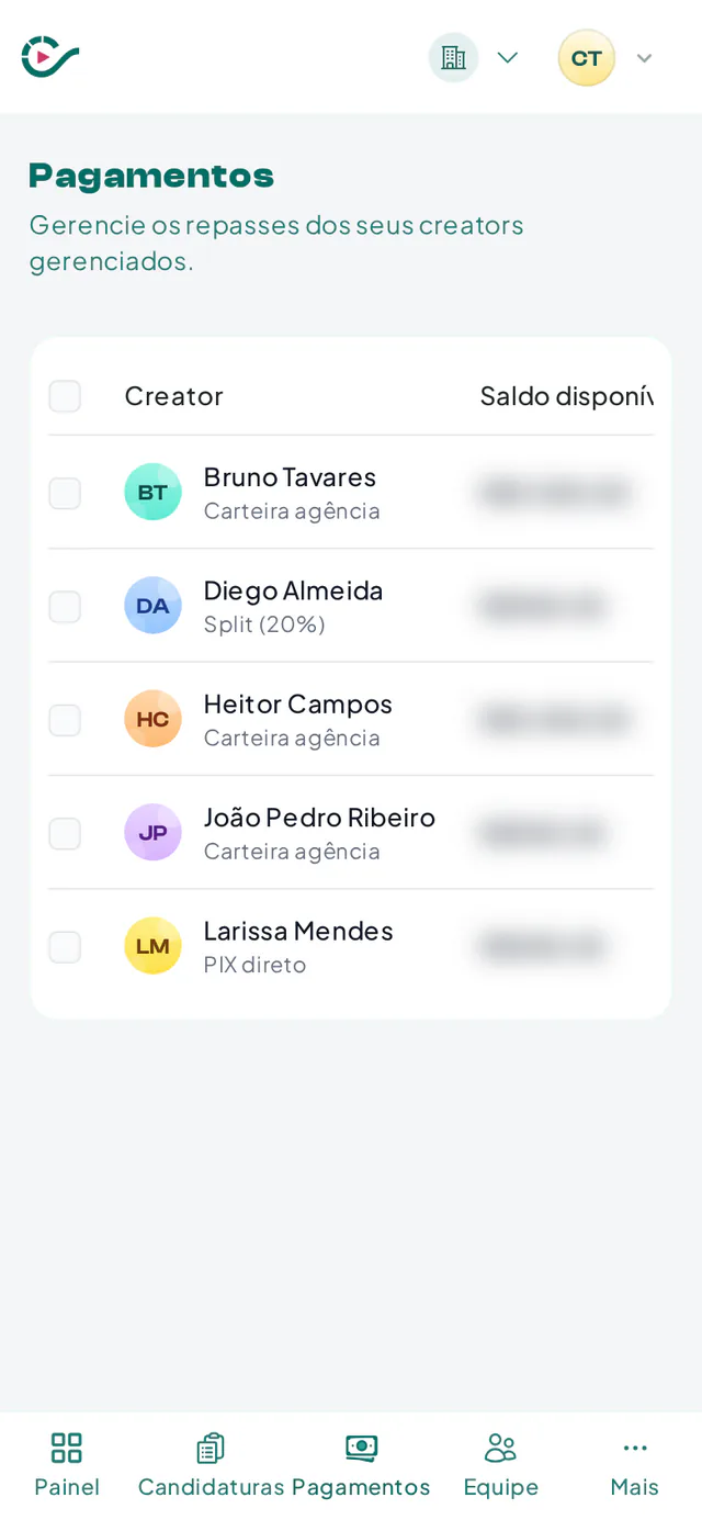 Página de pagamentos da agência de talentos com saldo e destino do repasse de cada criador