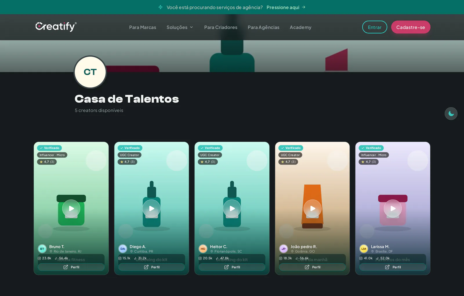 Página pública de uma agência de talentos com logotipo, banner e criadores do casting
