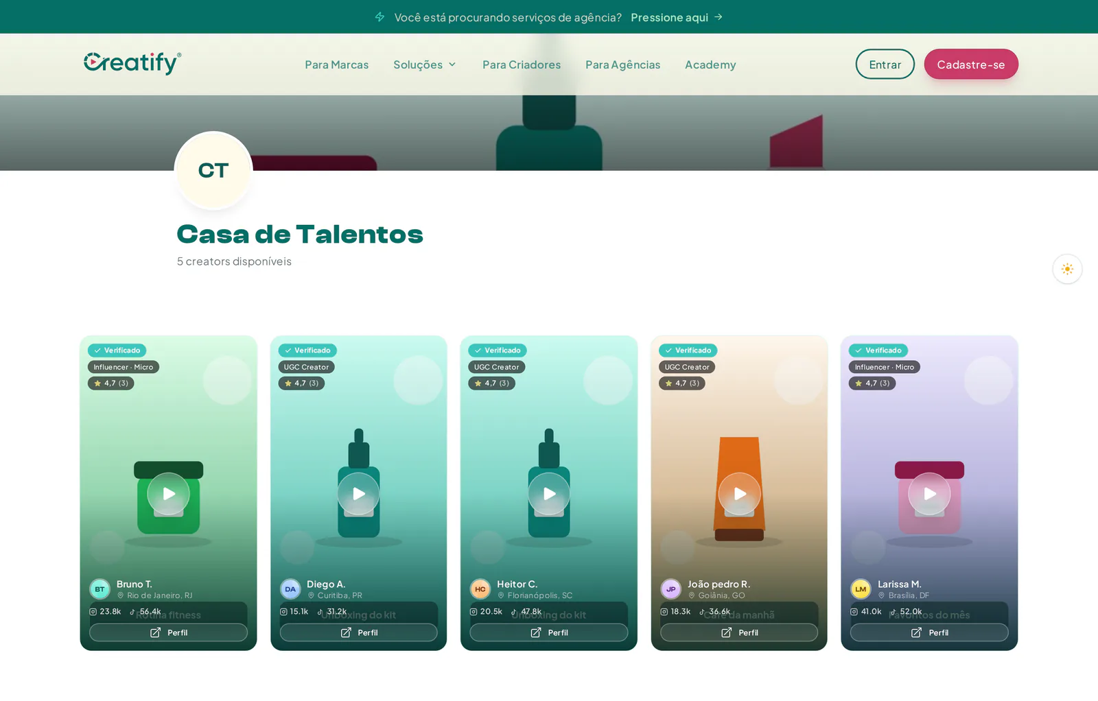 Página pública de uma agência de talentos com logotipo, banner e criadores do casting