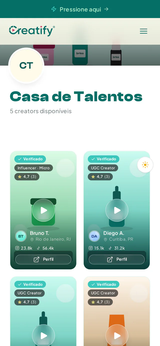 Página pública de uma agência de talentos com logotipo, banner e criadores do casting