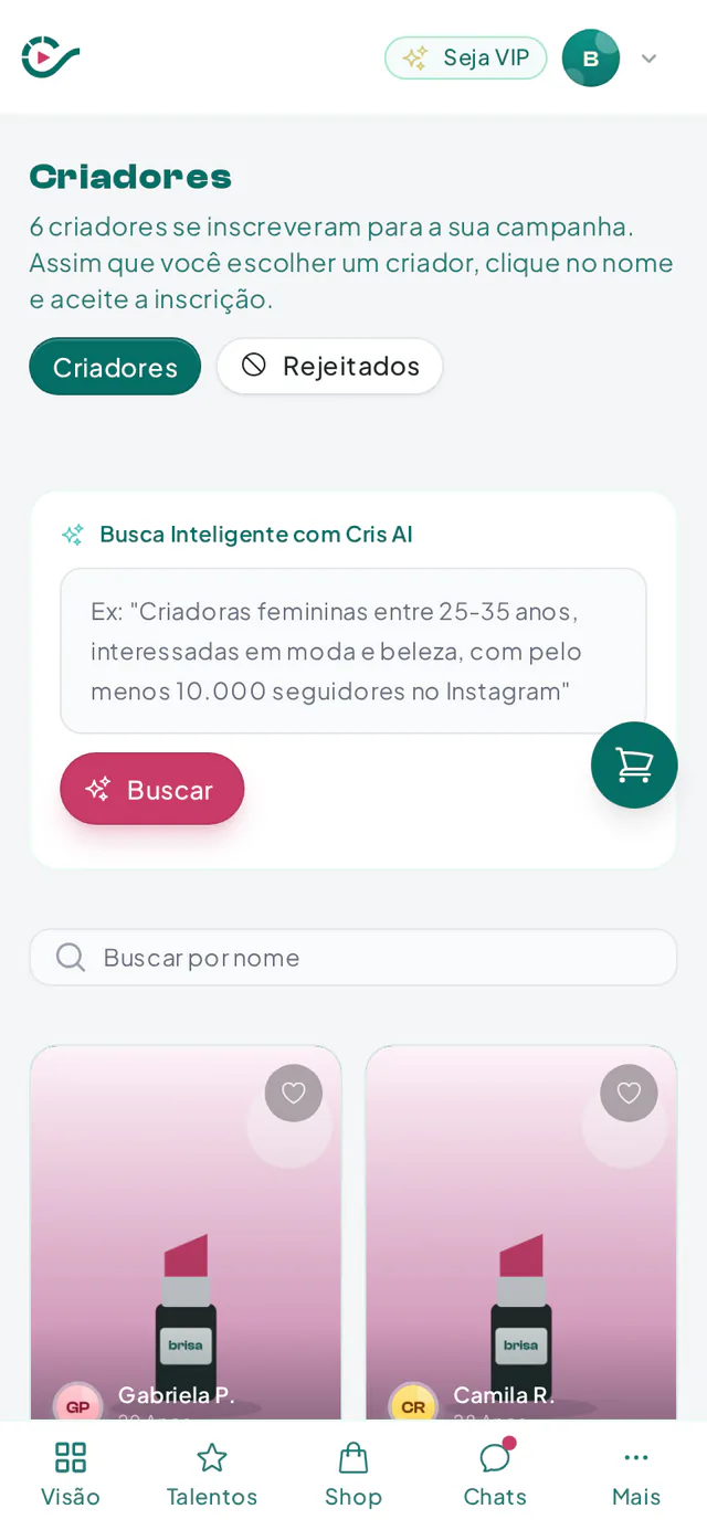 Lista de candidaturas de influenciadores com filtros e o preço informado por cada um