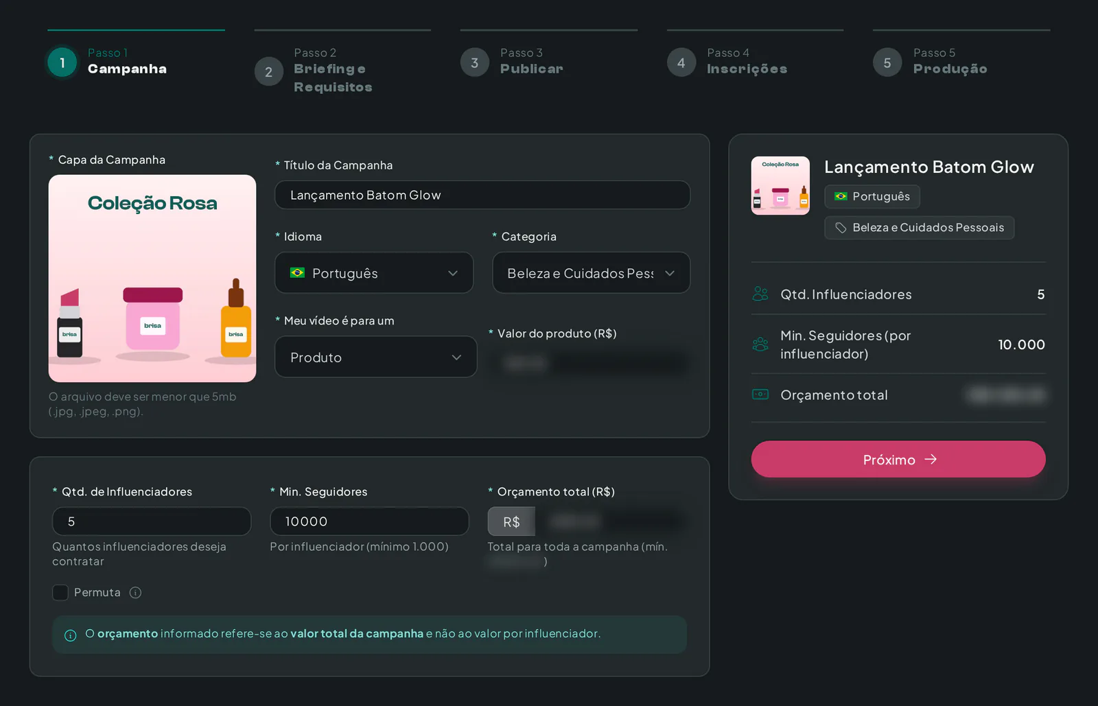 Assistente de campanha de influenciadores com quantidade de influenciadores, mínimo de seguidores e briefing