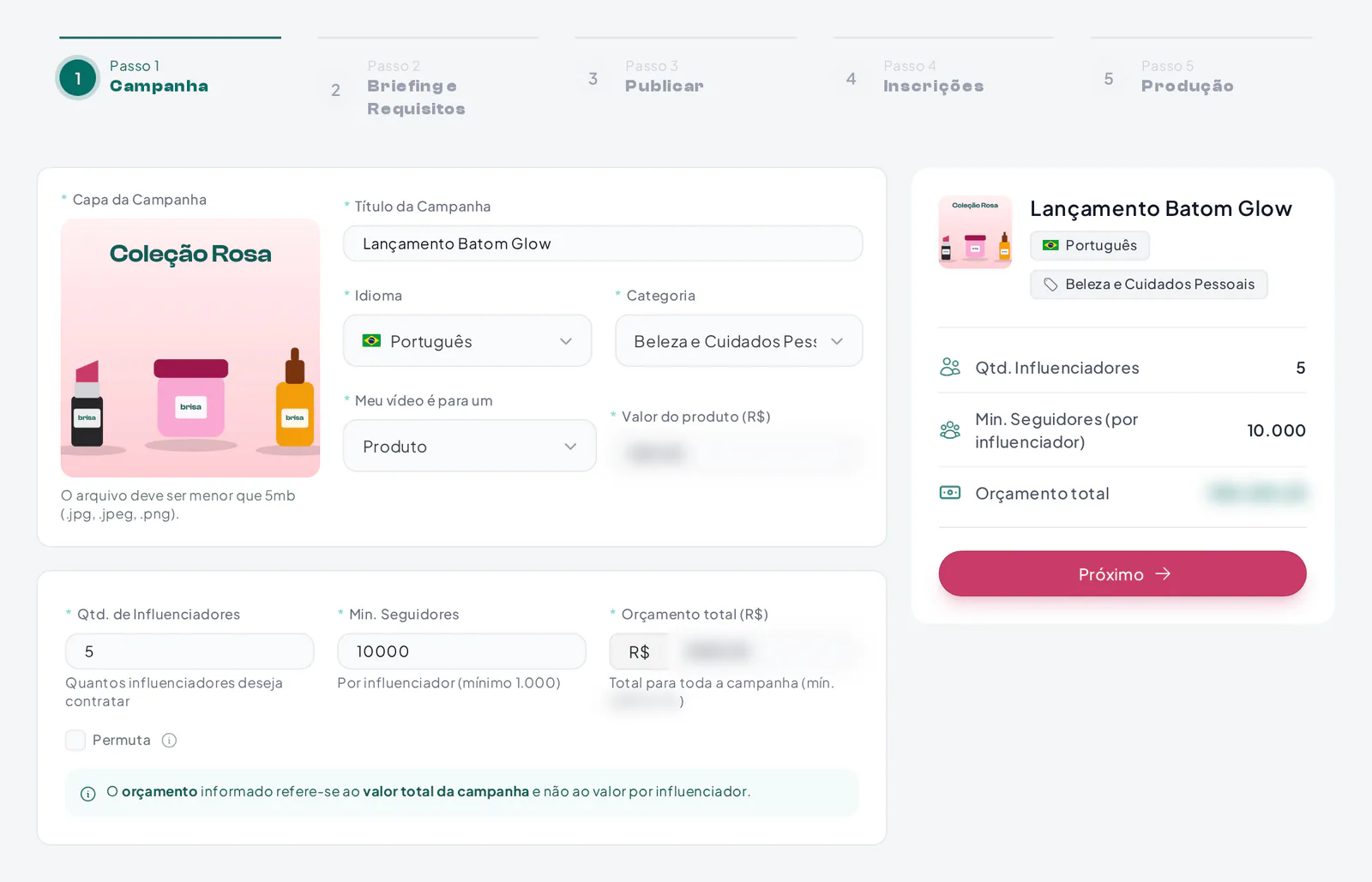 Assistente de campanha de influenciadores com quantidade de influenciadores, mínimo de seguidores e briefing