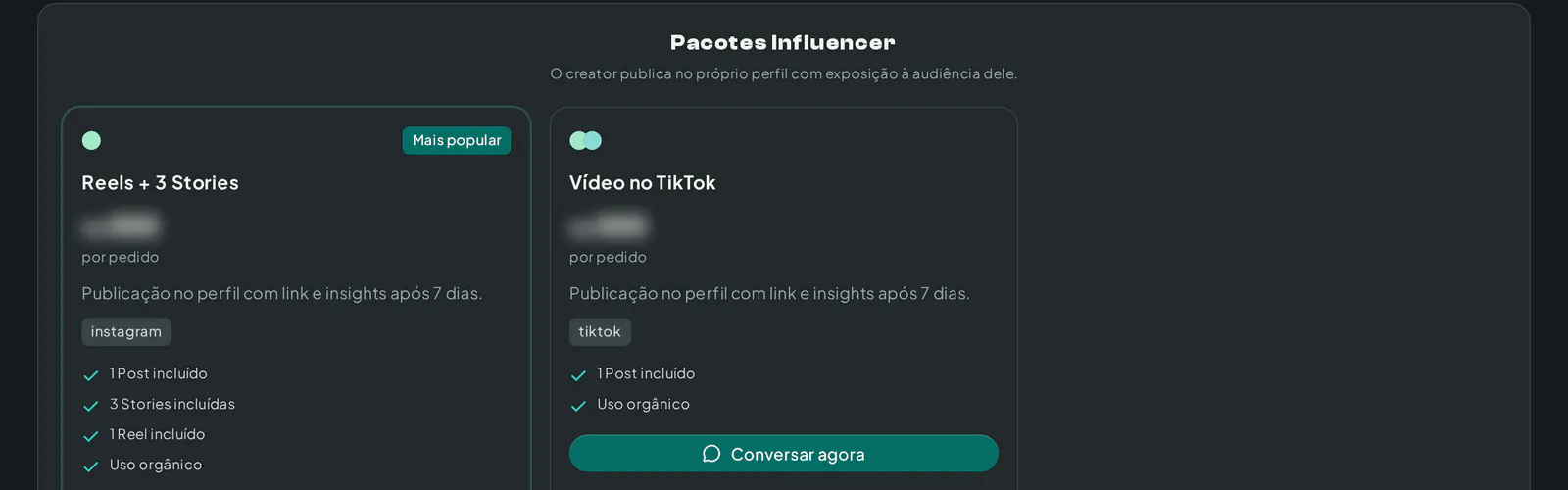 Perfil de um influenciador na Creatify com pacotes de posts, stories e reels para contratação direta