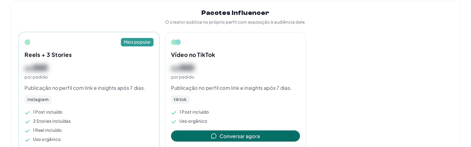 Perfil de um influenciador na Creatify com pacotes de posts, stories e reels para contratação direta