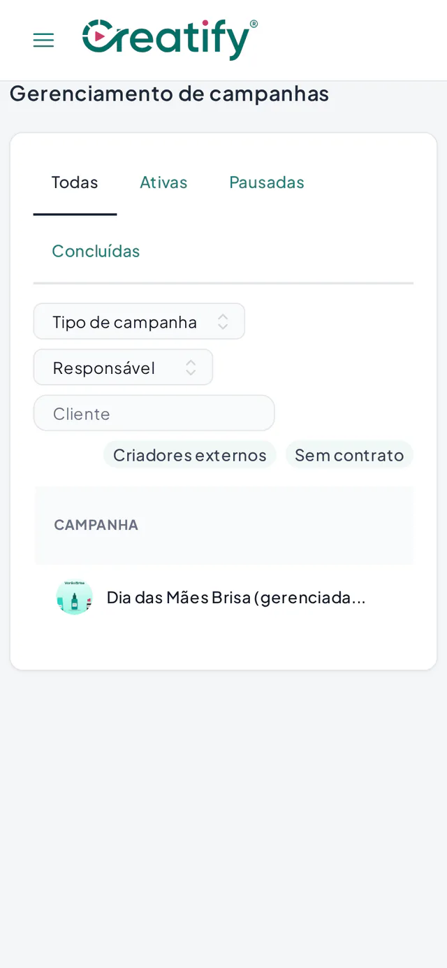 Painel de operações da equipe Creatify com campanhas gerenciadas, status, prioridade e prazos