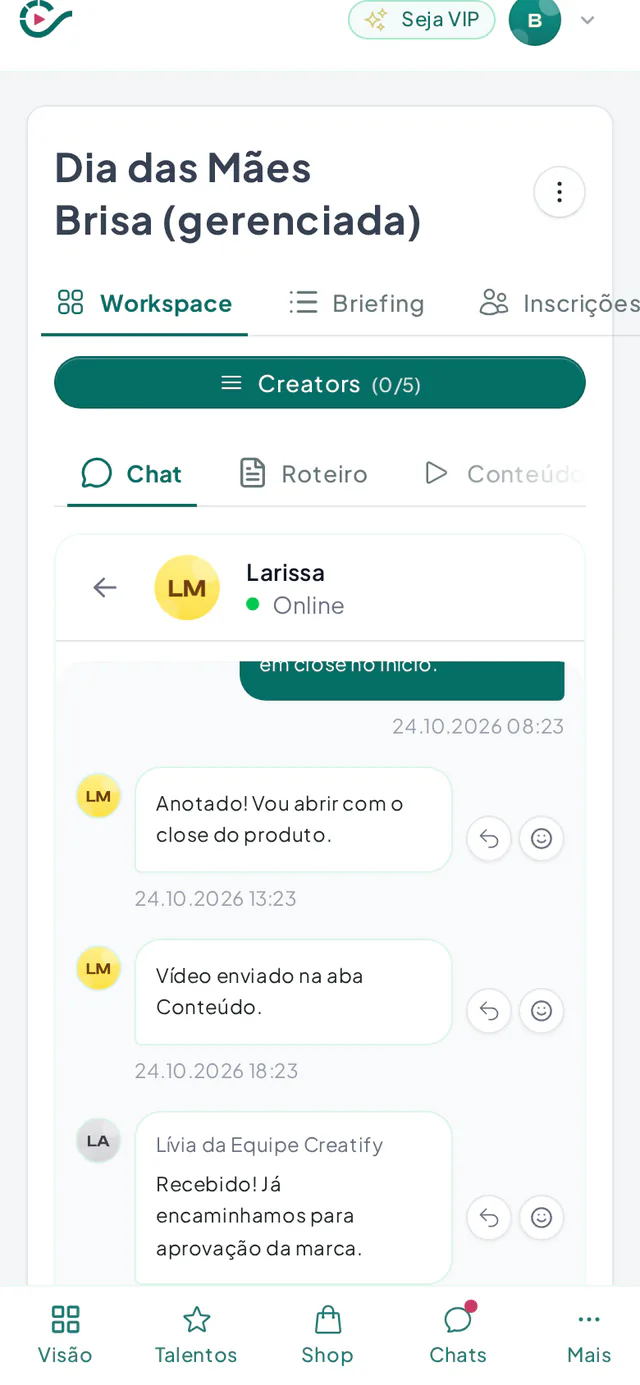 Painel de andamento de uma campanha com criadores, roteiros e conteúdos