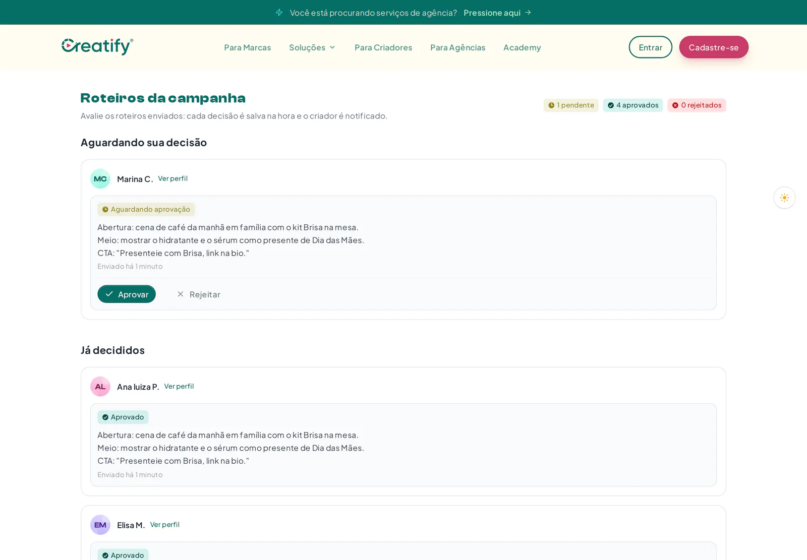 Página de aprovação de roteiros de uma campanha, aberta por link sem login
