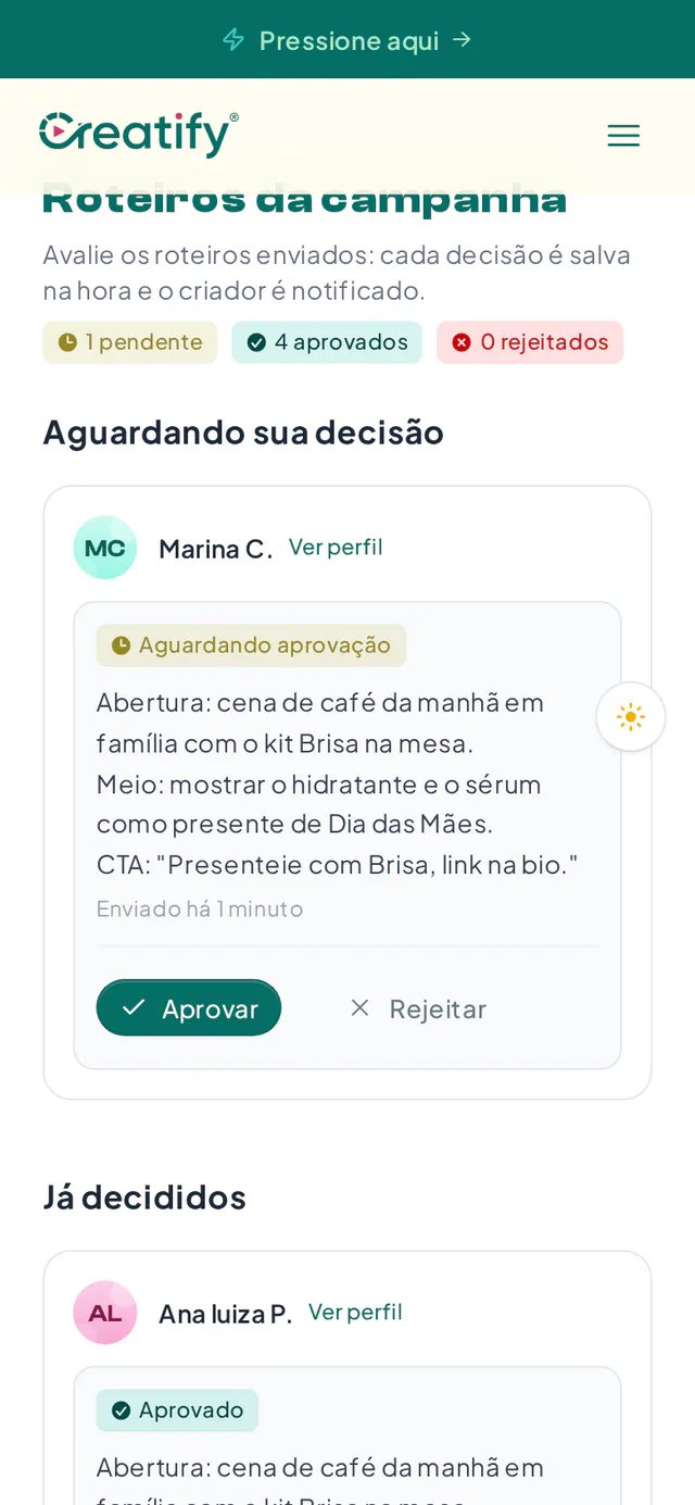 Página de aprovação de roteiros de uma campanha, aberta por link sem login
