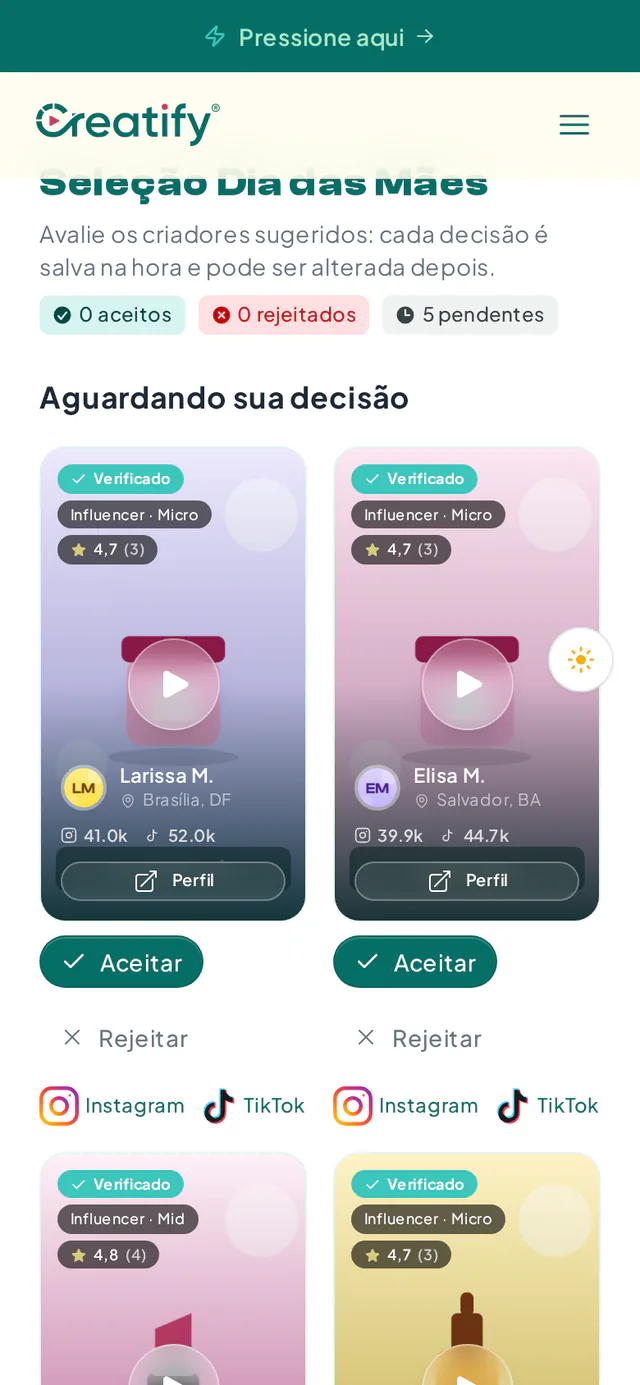 Página de aprovação de criadores sugeridos, aberta por link sem login