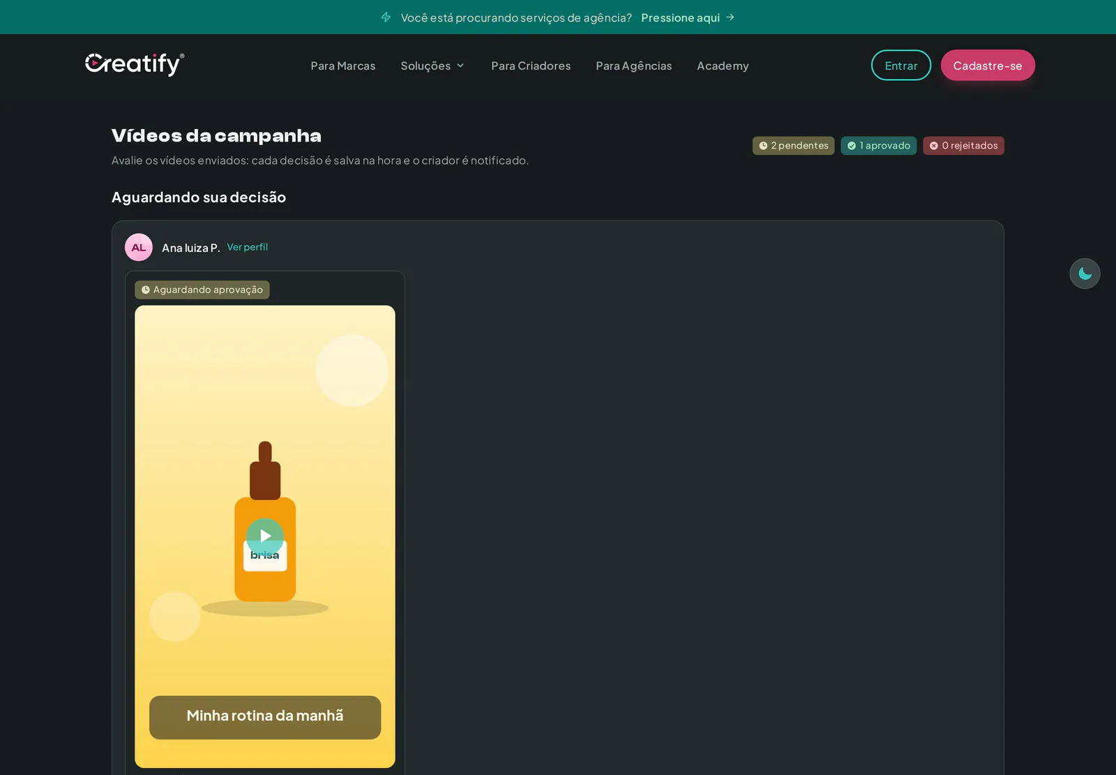 Página de aprovação e download de vídeos de uma campanha, aberta por link sem login
