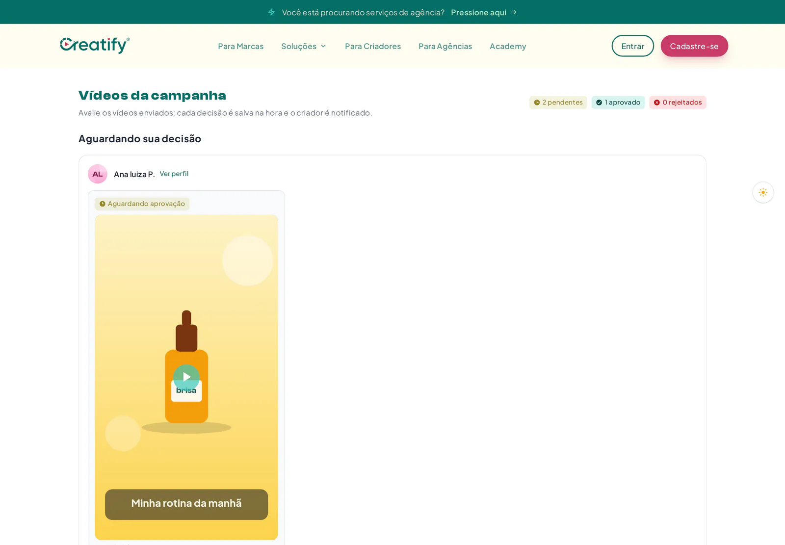 Página de aprovação e download de vídeos de uma campanha, aberta por link sem login