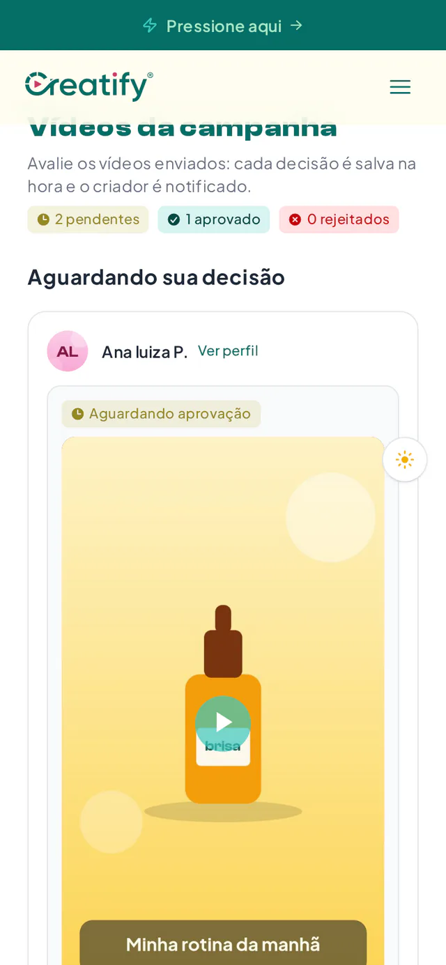 Página de aprovação e download de vídeos de uma campanha, aberta por link sem login