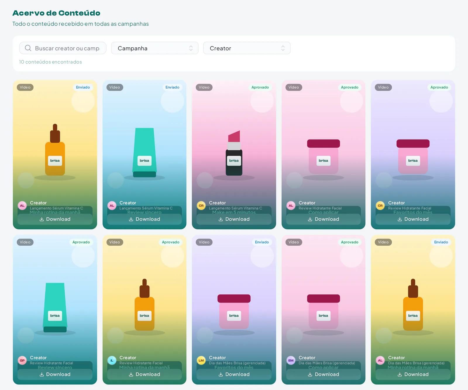 Acervo com os vídeos entregues em todas as campanhas da marca, com filtros