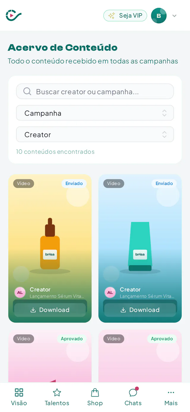Acervo com os vídeos entregues em todas as campanhas da marca, com filtros