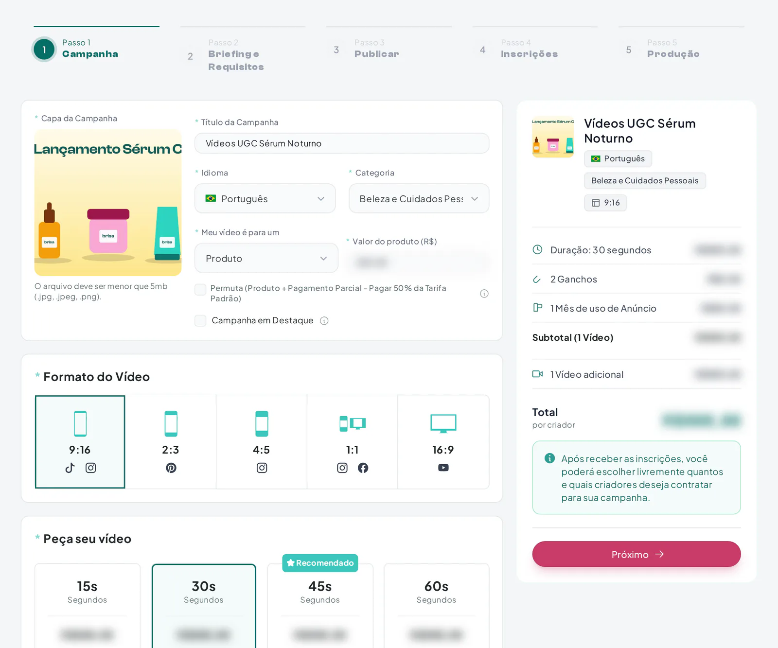 Primeiro passo do assistente de campanha UGC com formato, duração e quantidade de vídeos