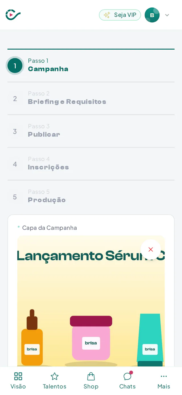 Primeiro passo do assistente de campanha UGC com formato, duração e quantidade de vídeos