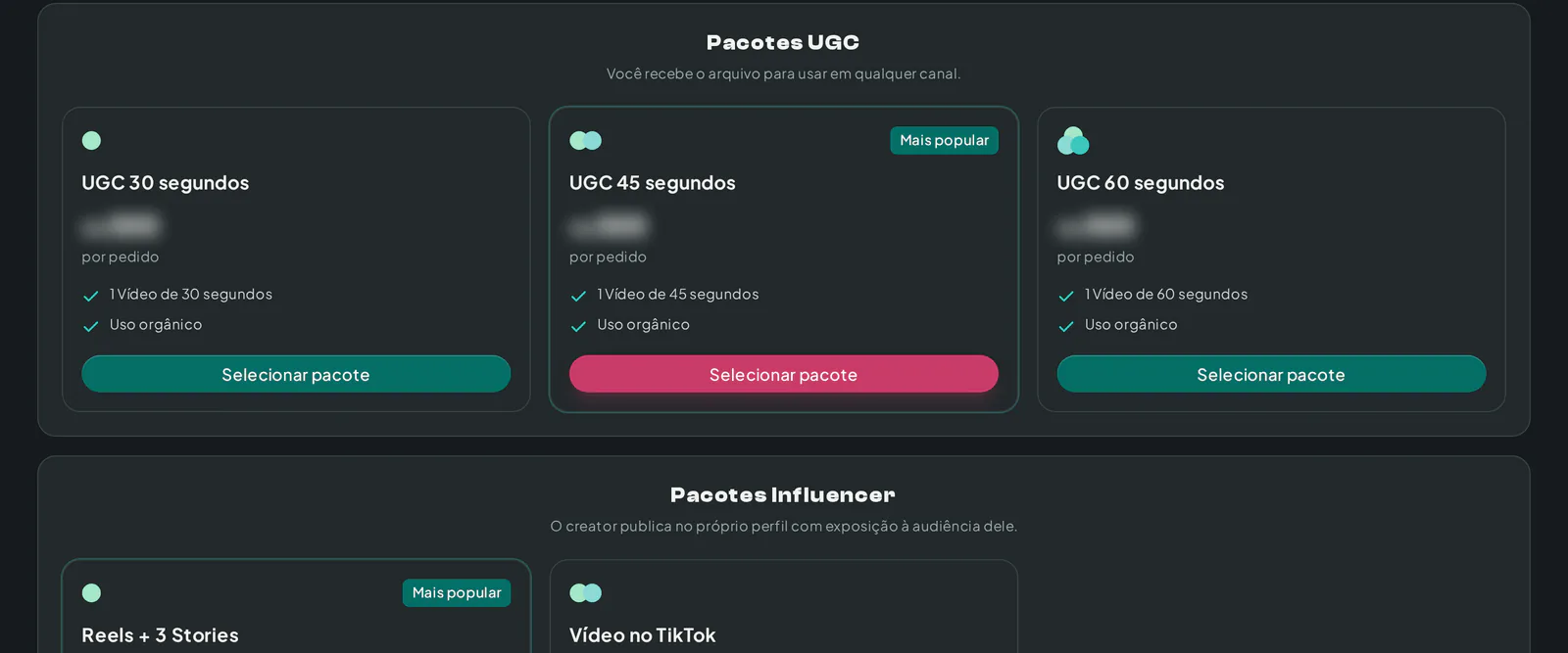 Pacotes de vídeo no perfil de um criador, prontos para um pedido direto
