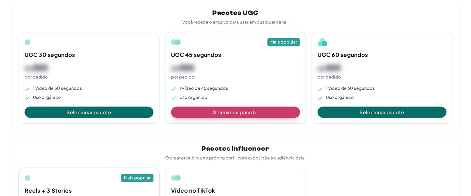 Pacotes de vídeo no perfil de um criador, prontos para um pedido direto