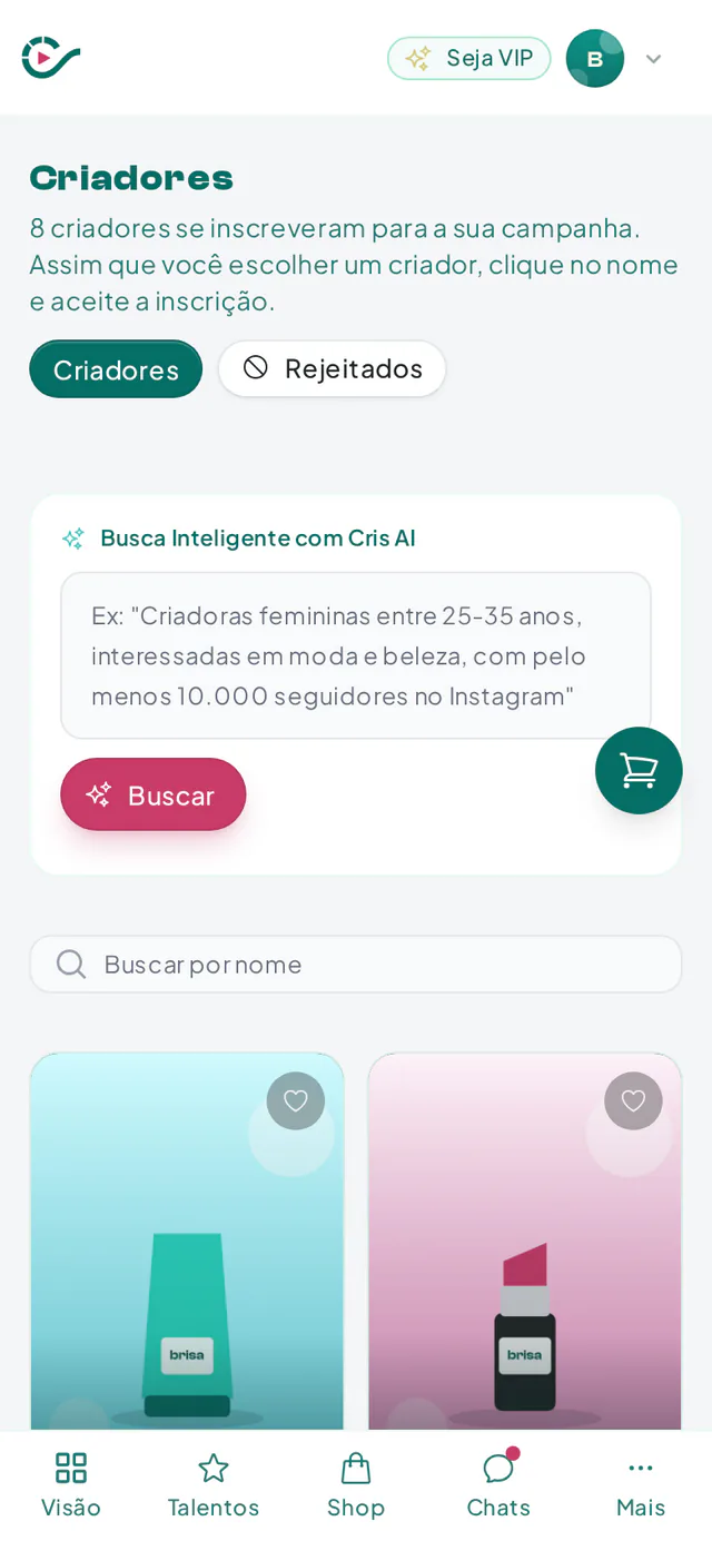 Lista de criadores inscritos em uma campanha UGC, com filtros e perfis dos criadores