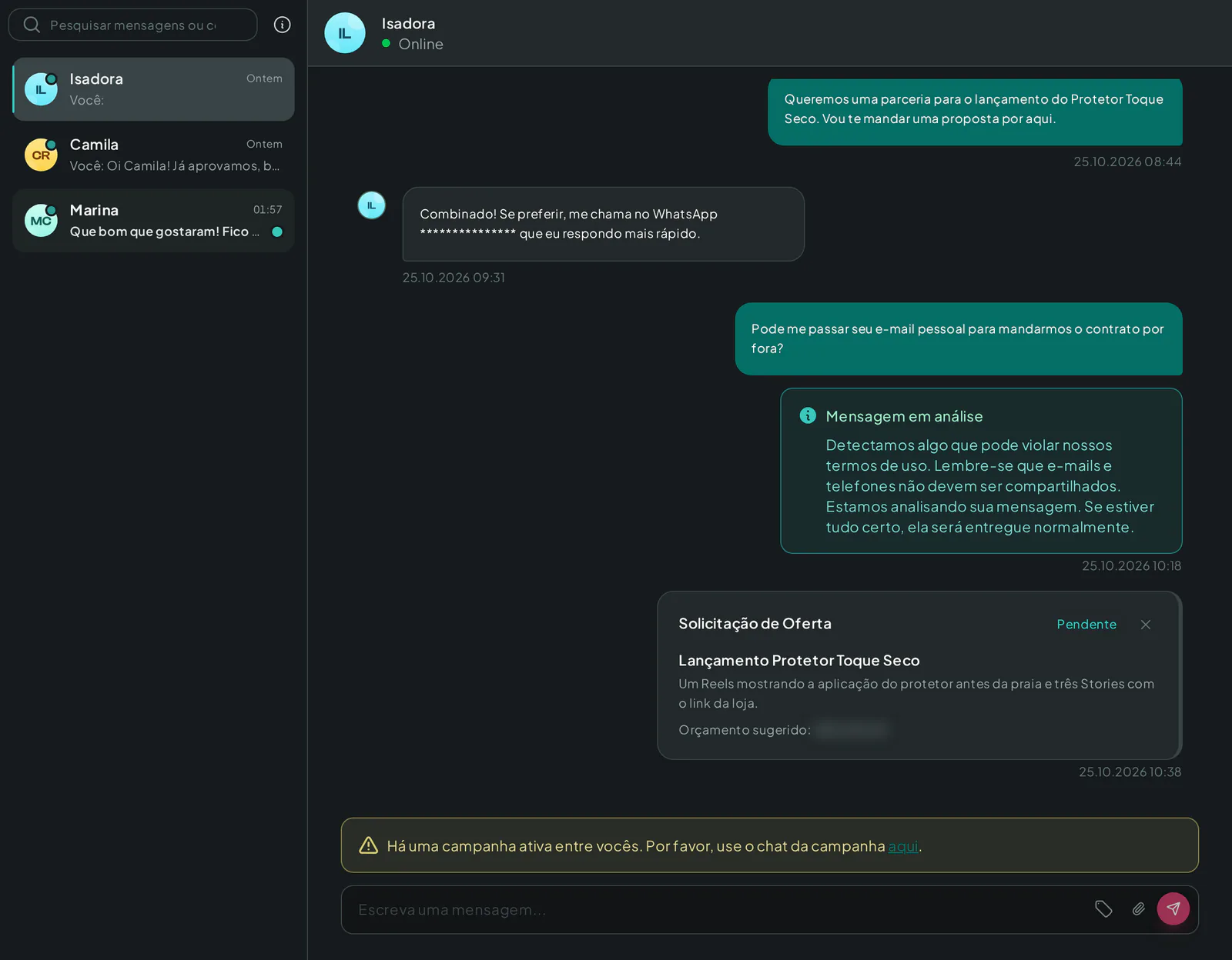 Caixa de entrada do chat da Creatify com a lista de conversas e uma conversa aberta com um criador