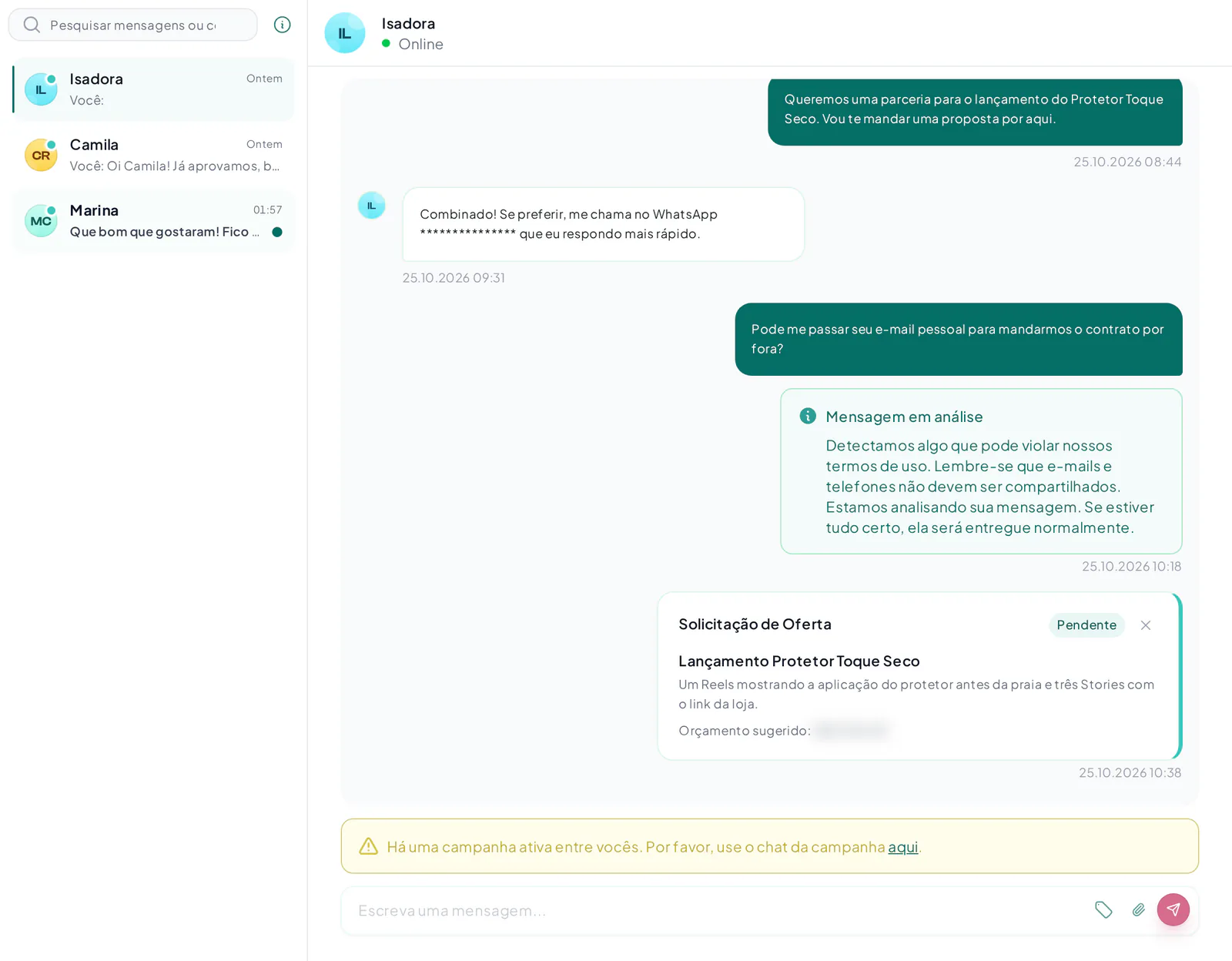 Caixa de entrada do chat da Creatify com a lista de conversas e uma conversa aberta com um criador