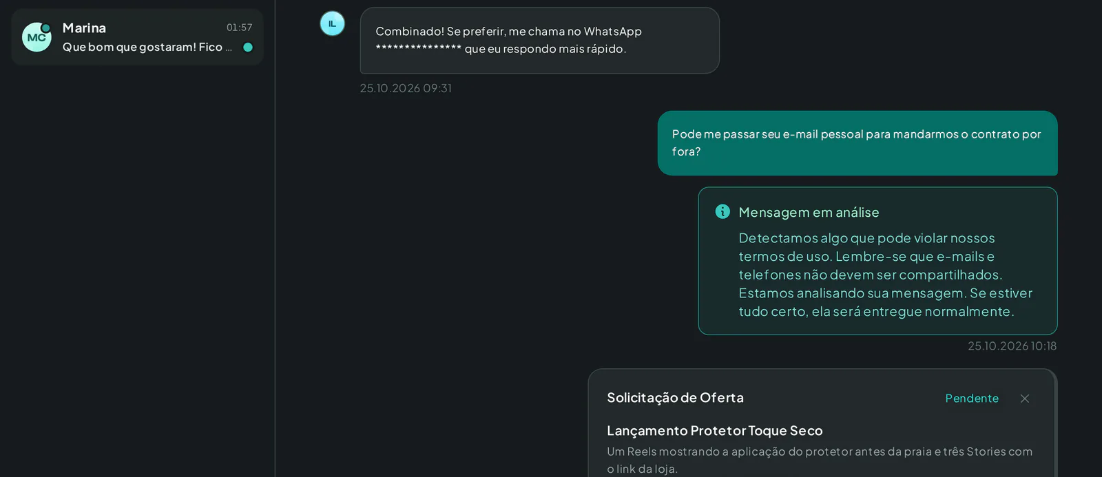 Mensagem em análise no chat com o aviso de que dados de contato não devem ser compartilhados