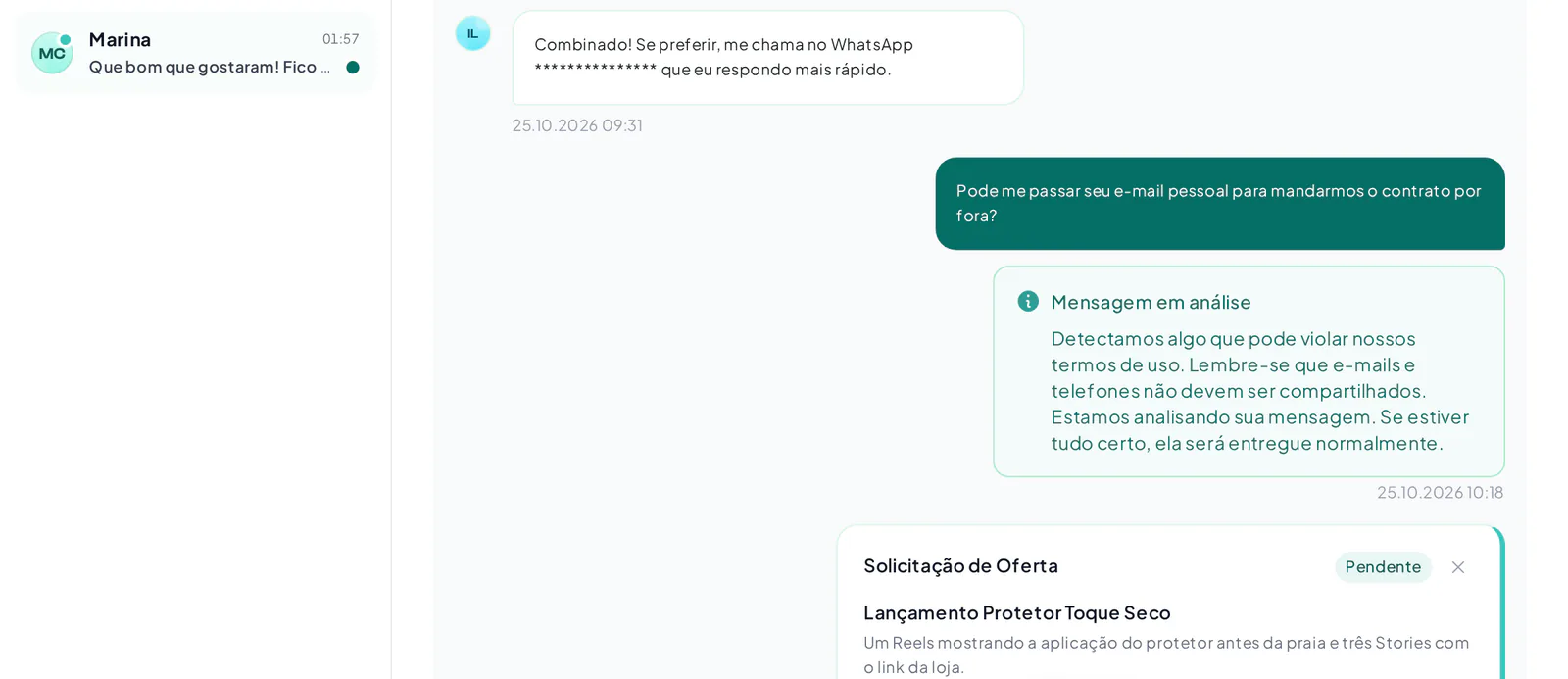 Mensagem em análise no chat com o aviso de que dados de contato não devem ser compartilhados