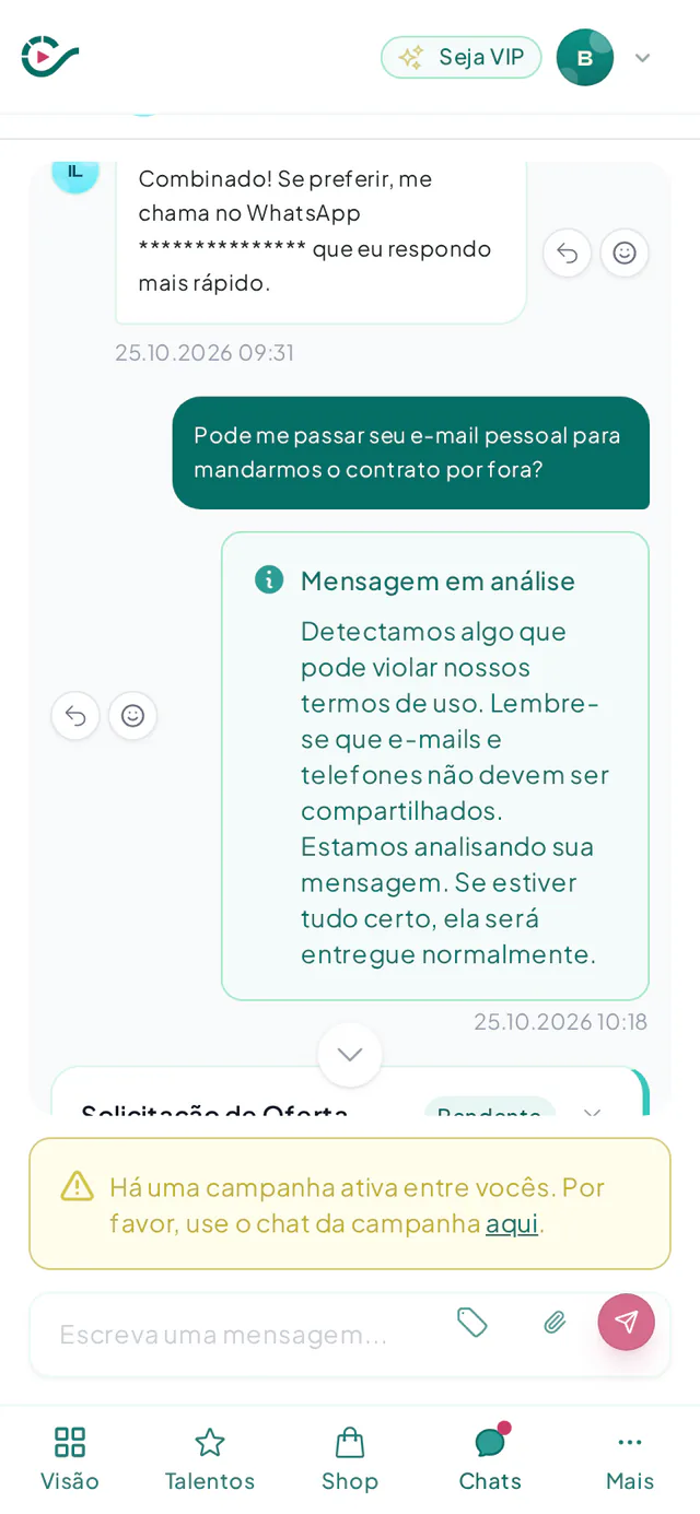 Mensagem em análise no chat com o aviso de que dados de contato não devem ser compartilhados