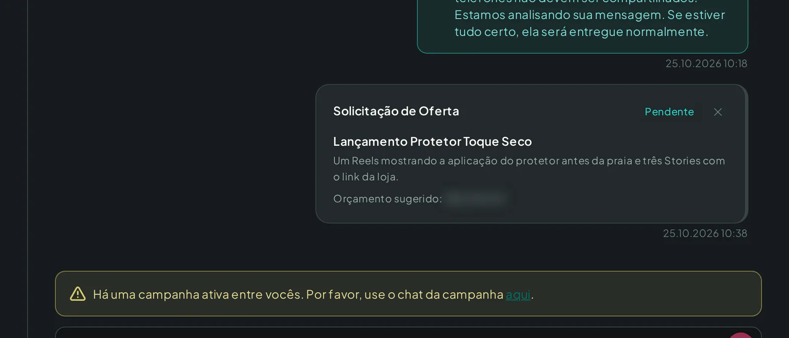 Card de oferta no chat com valor, entregáveis, validade e os botões de aceitar e recusar