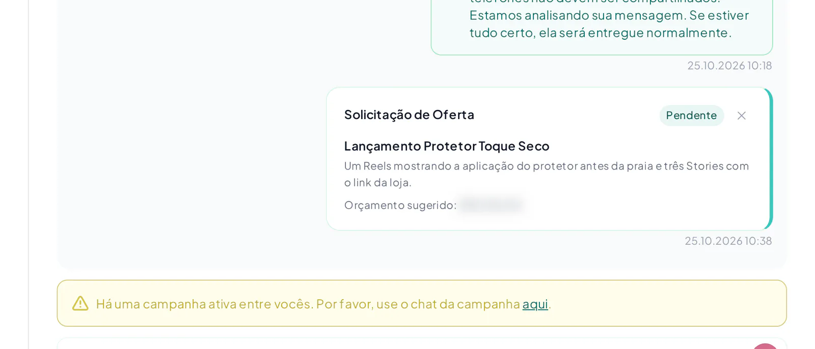 Card de oferta no chat com valor, entregáveis, validade e os botões de aceitar e recusar