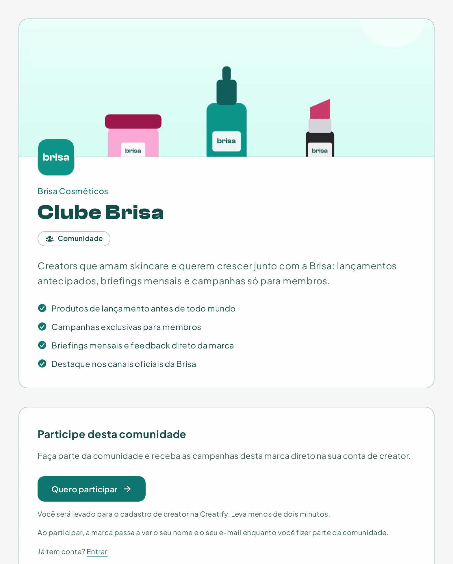 Página pública de uma comunidade com logotipo, capa, benefícios e botão de inscrição