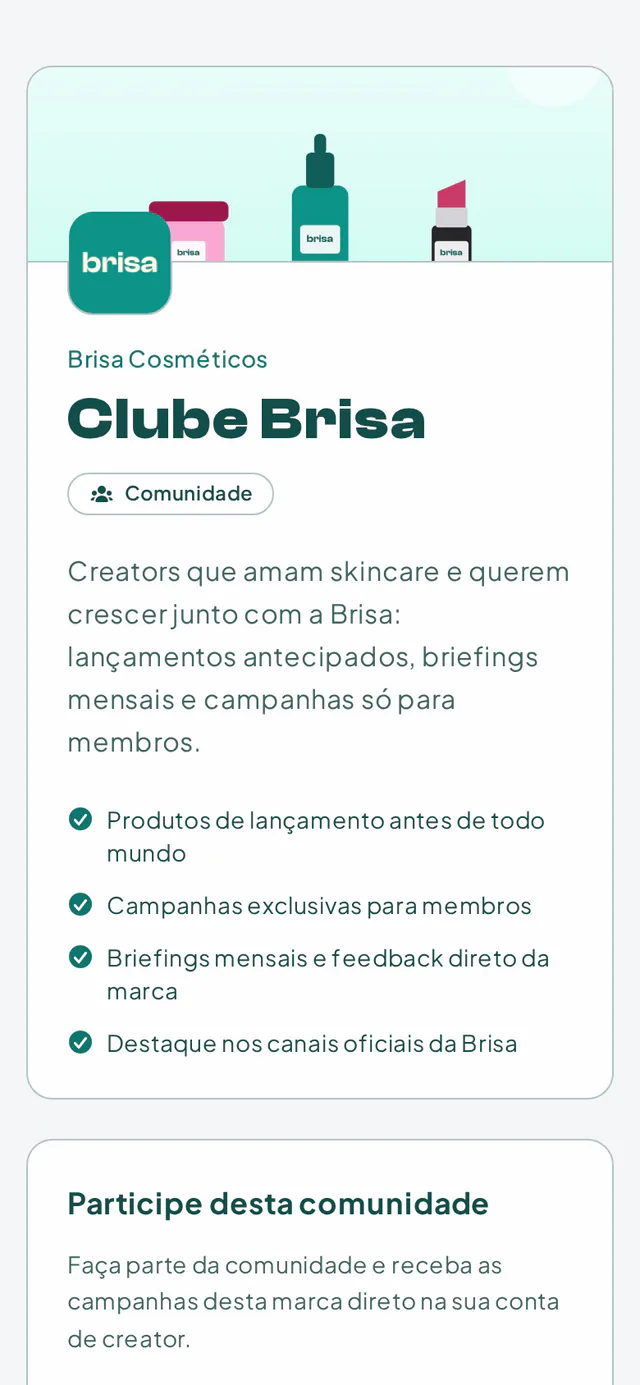 Página pública de uma comunidade com logotipo, capa, benefícios e botão de inscrição