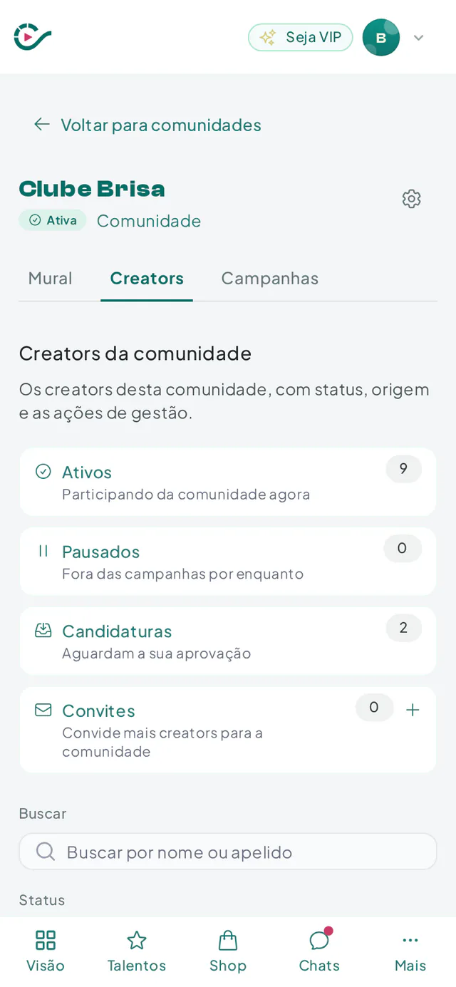 Lista de membros da comunidade com status, origem da inscrição e favoritos