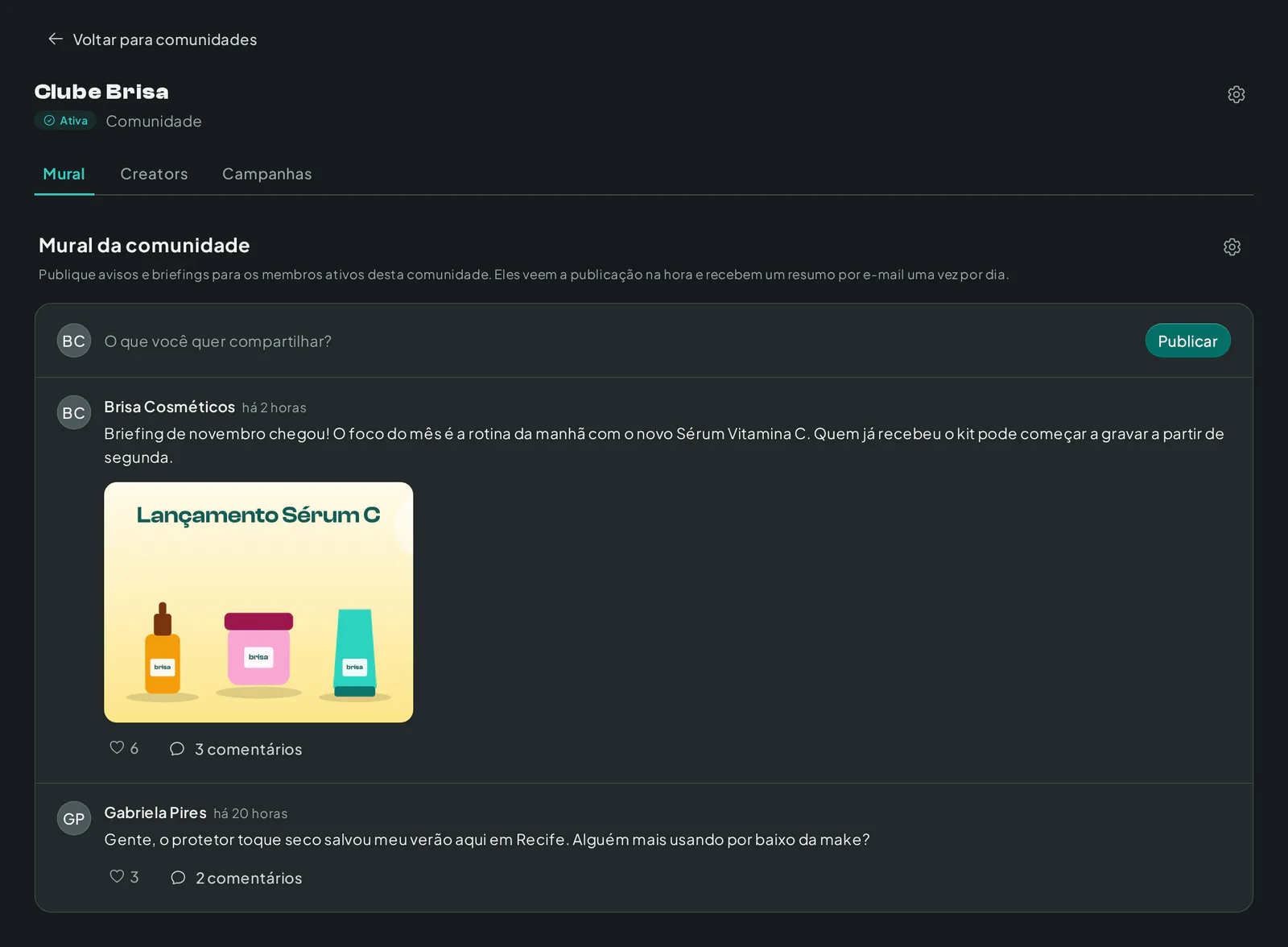 Mural de uma comunidade com publicação da marca, imagens, comentários e curtidas