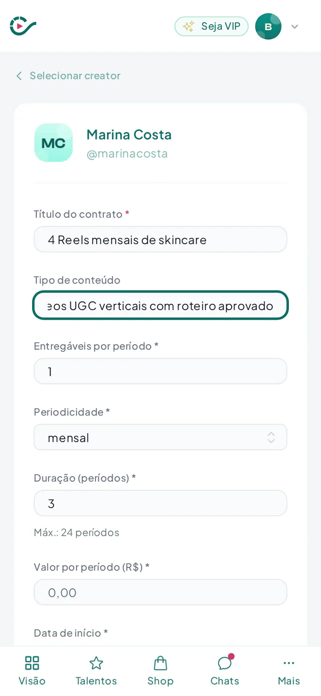 Formulário de novo contrato com entregas por período, periodicidade, duração e renovação automática