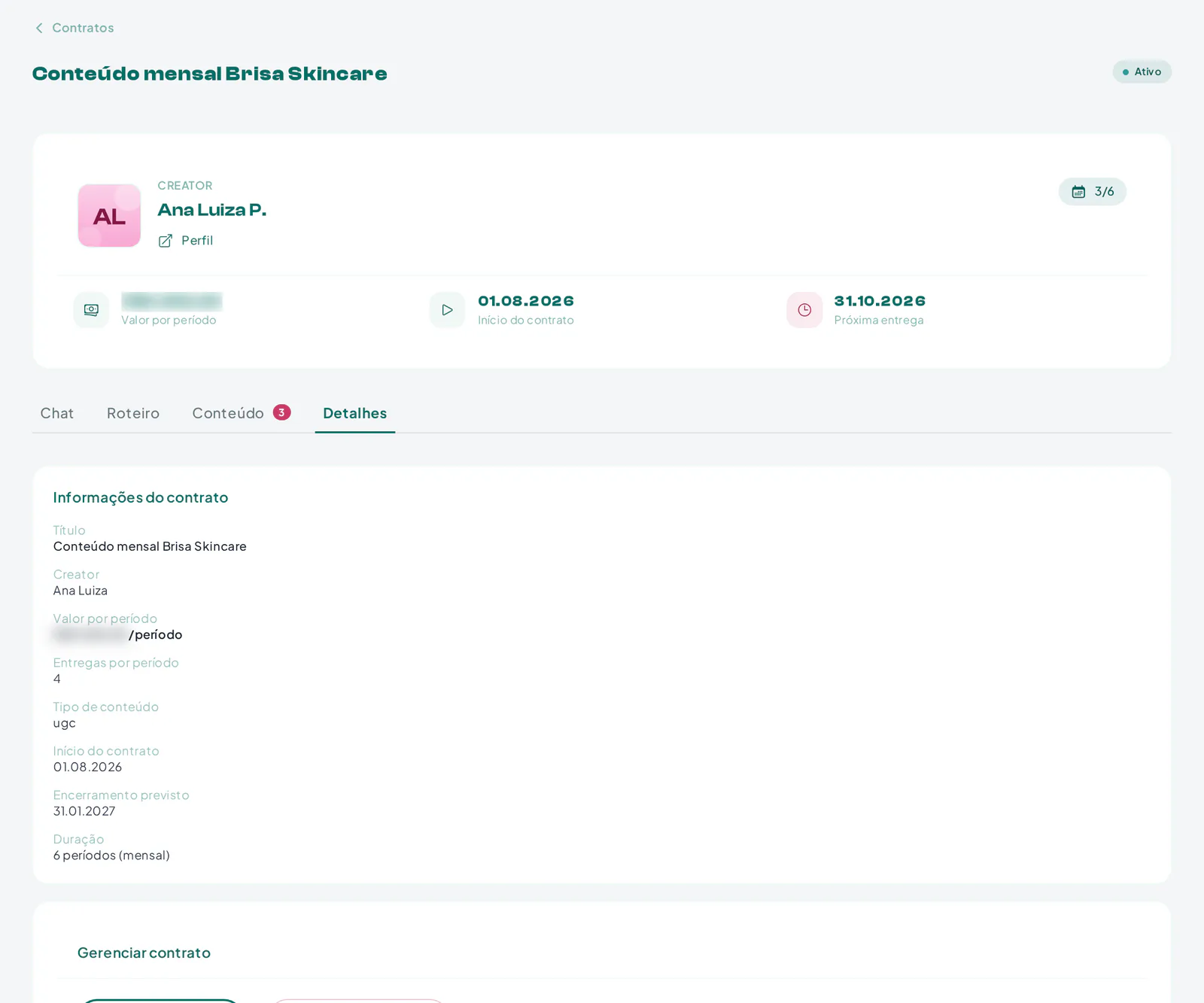 Detalhes de um contrato ativo com status, duração e download do contrato em PDF
