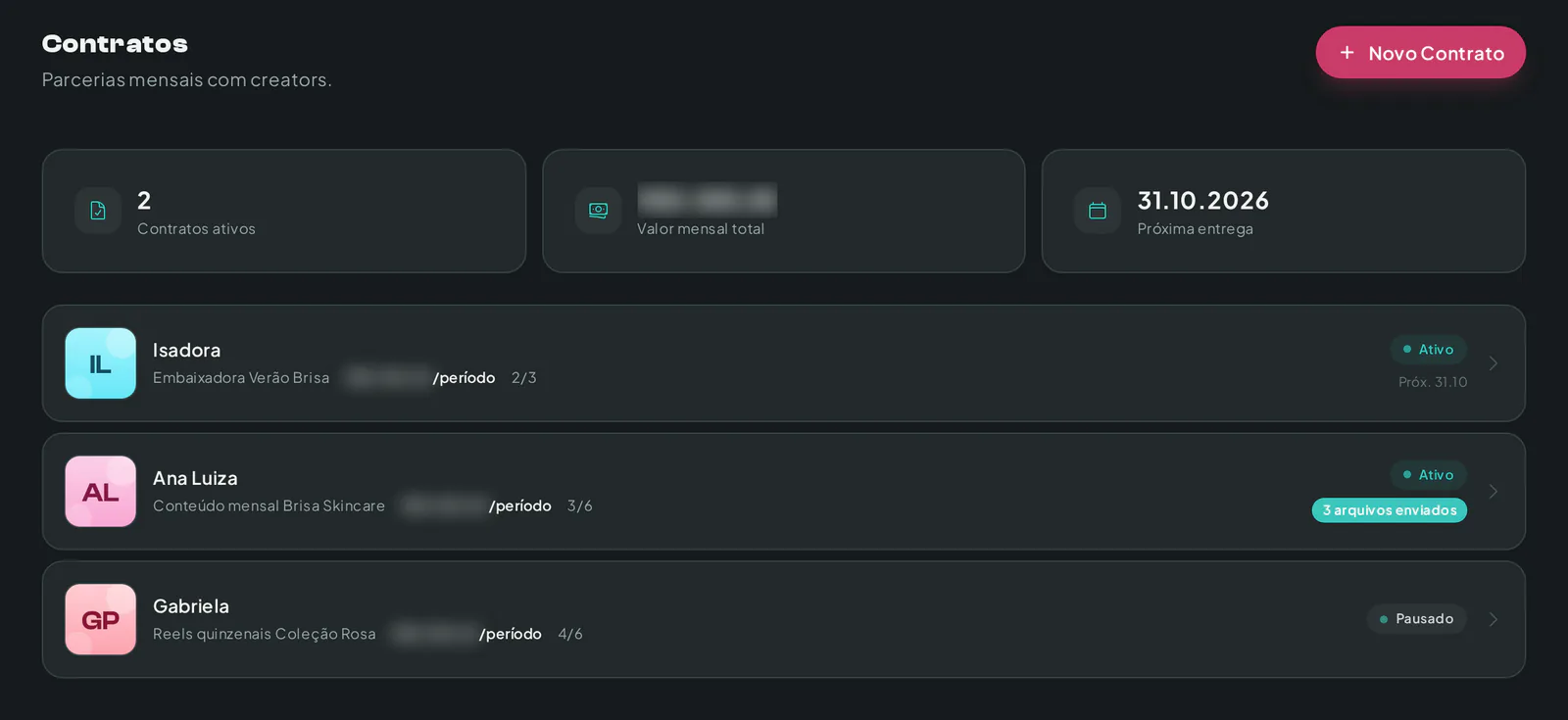 Lista de contratos de uma marca na Creatify com status, criador e próxima entrega