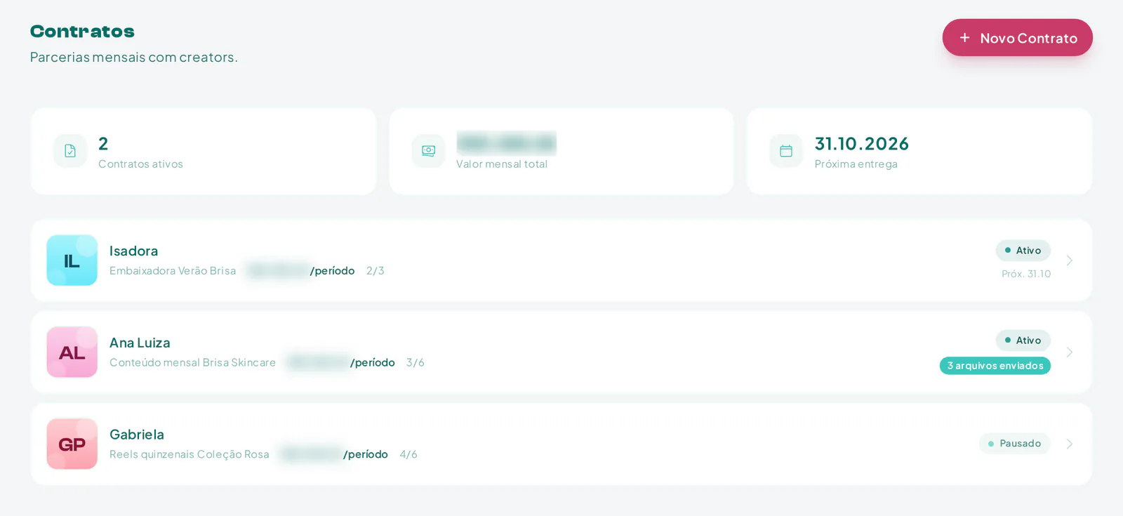Lista de contratos de uma marca na Creatify com status, criador e próxima entrega