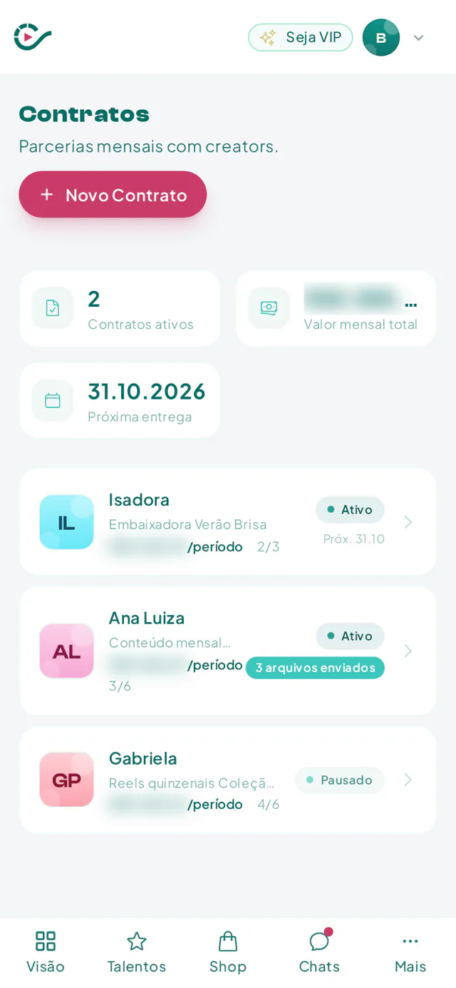 Lista de contratos de uma marca na Creatify com status, criador e próxima entrega