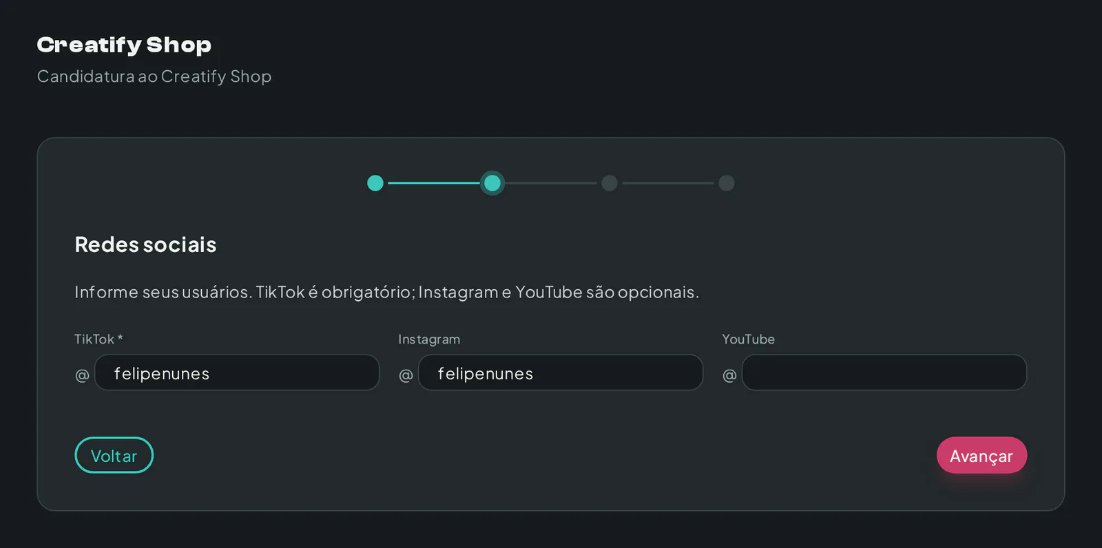 Candidatura do criador ao Creatify Shop com os usuários do TikTok, do Instagram e do YouTube