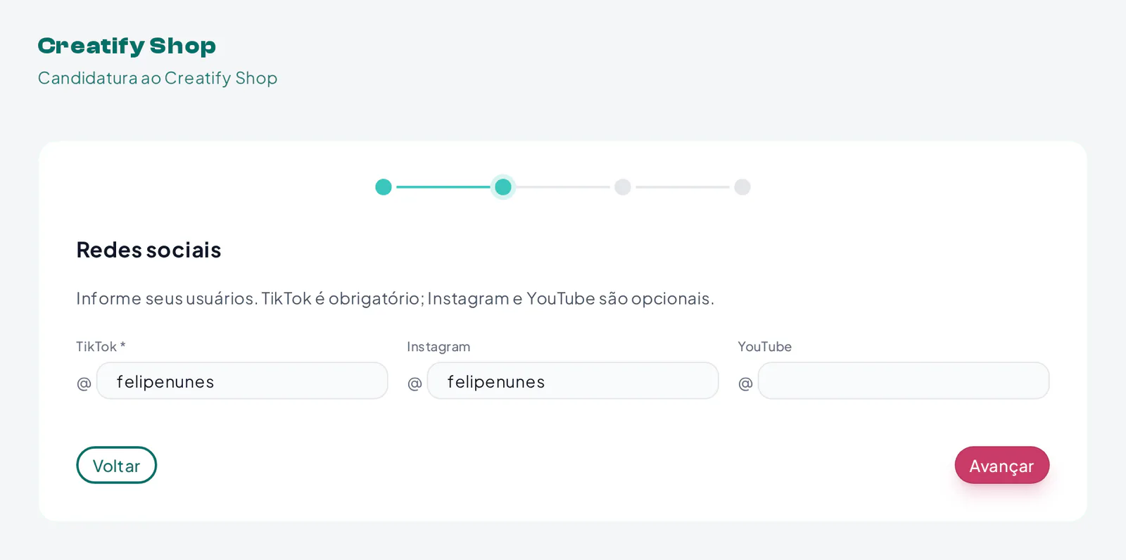 Candidatura do criador ao Creatify Shop com os usuários do TikTok, do Instagram e do YouTube