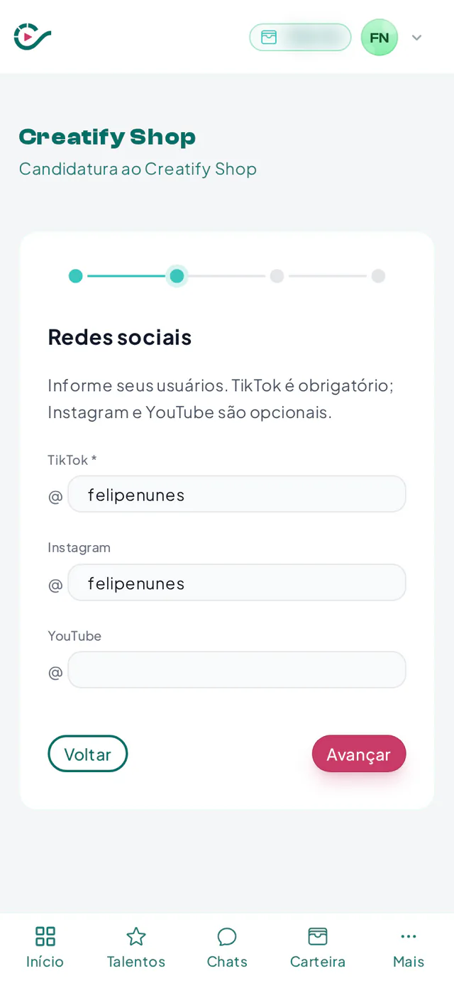 Candidatura do criador ao Creatify Shop com os usuários do TikTok, do Instagram e do YouTube