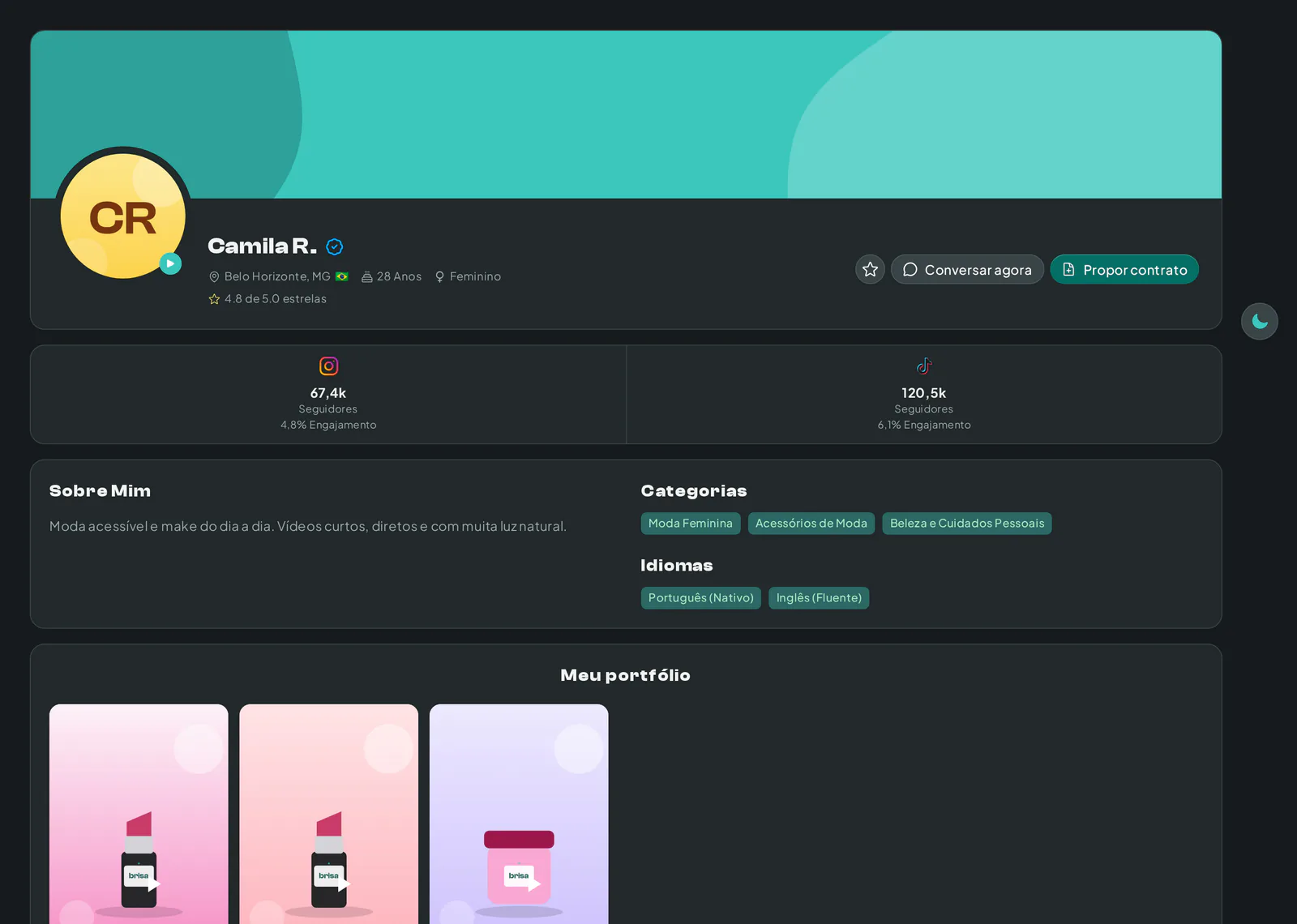 Perfil de um criador do Creatify Shop aberto a partir do Shop Hub, com redes sociais e botão de chat