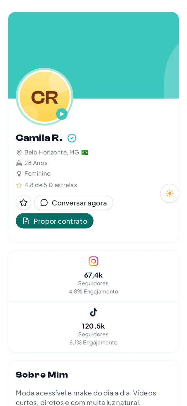 Perfil de um criador do Creatify Shop aberto a partir do Shop Hub, com redes sociais e botão de chat
