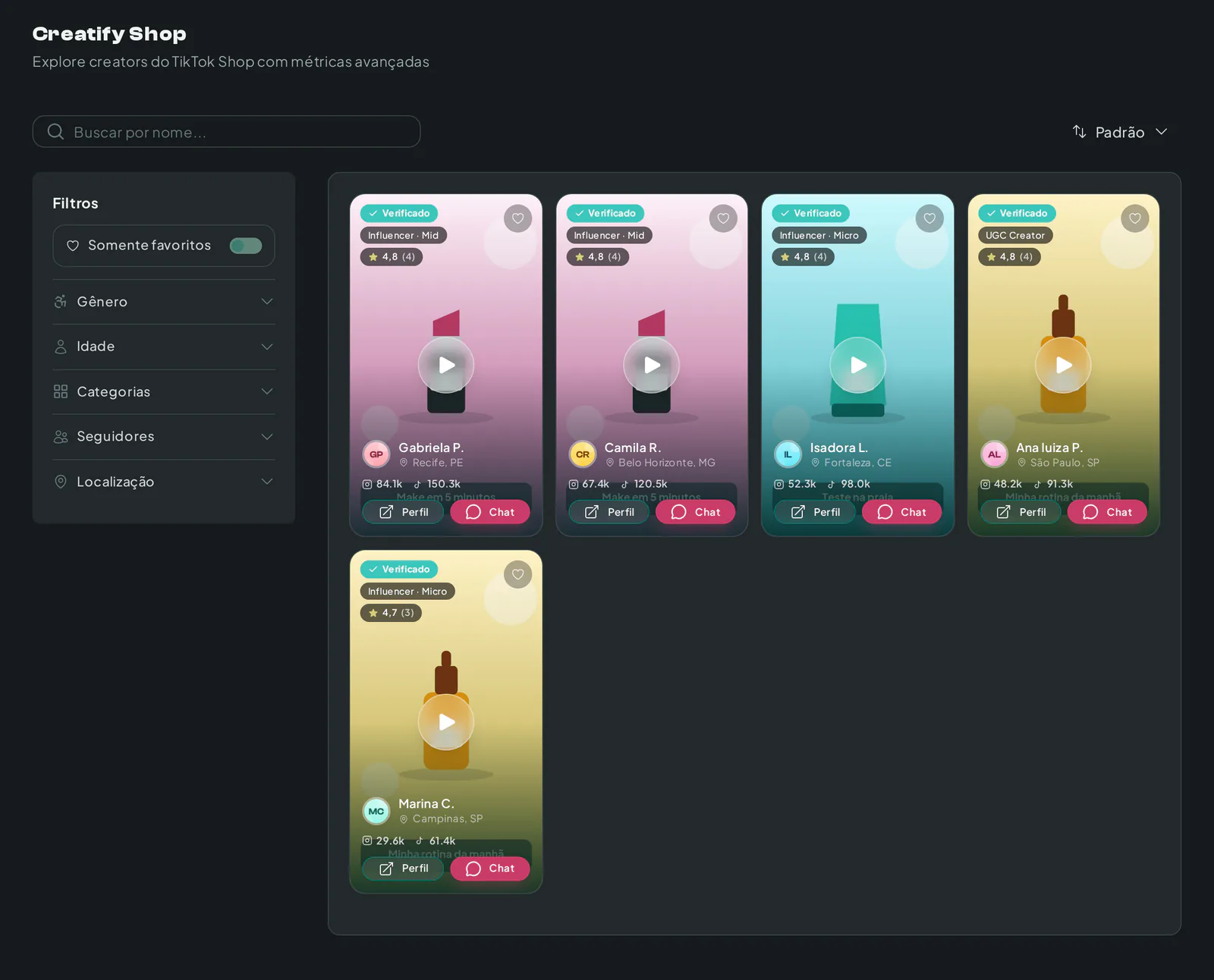 Shop Hub da Creatify com cartões de criadores de TikTok Shop, seguidores e botões de perfil e chat