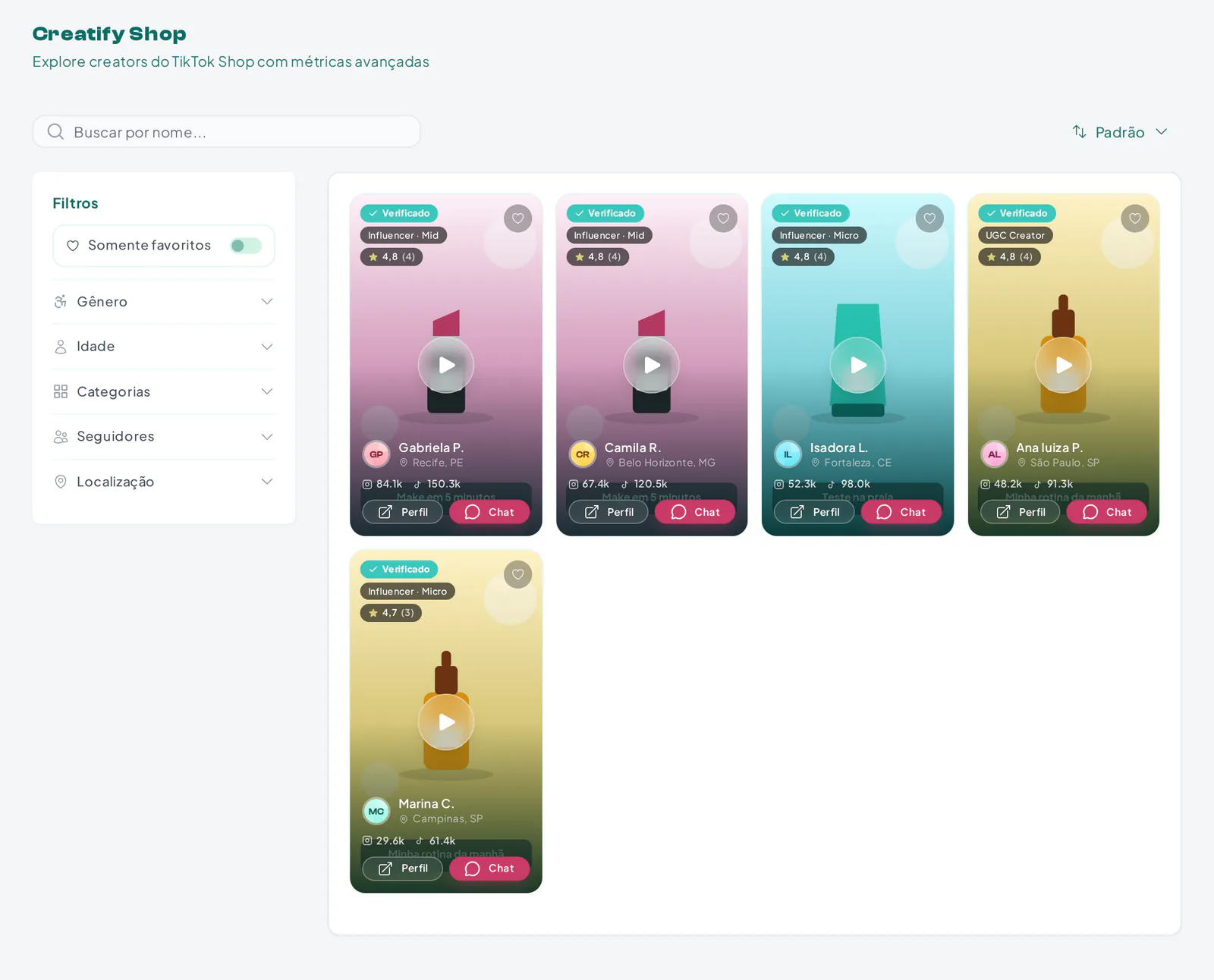 Shop Hub da Creatify com cartões de criadores de TikTok Shop, seguidores e botões de perfil e chat