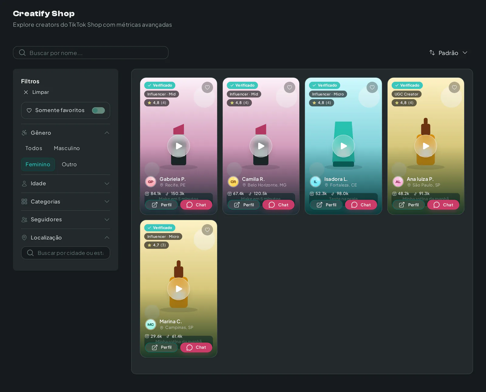 Filtros do Shop Hub por nome, categoria, seguidores, localização, gênero, idade e favoritos