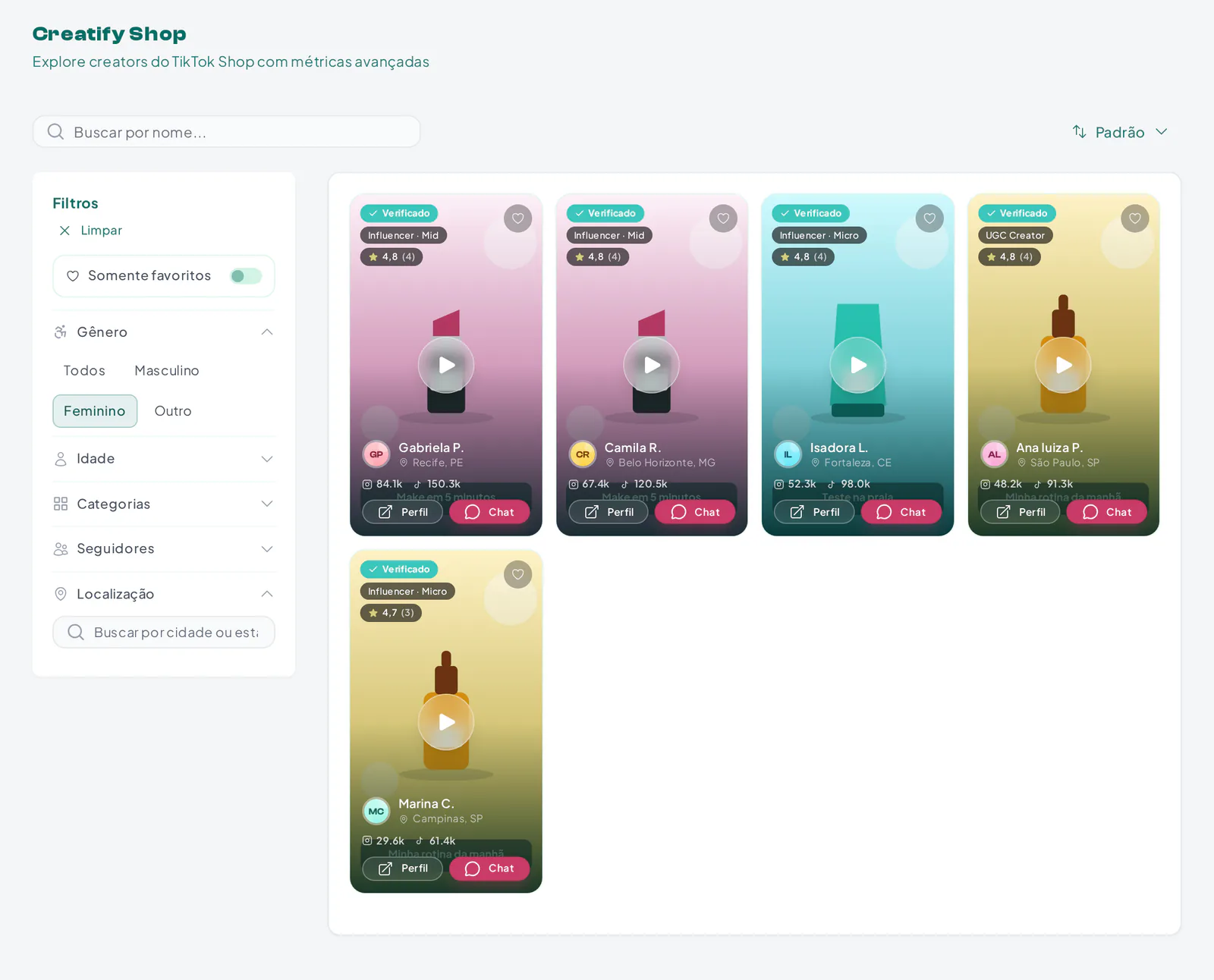Filtros do Shop Hub por nome, categoria, seguidores, localização, gênero, idade e favoritos